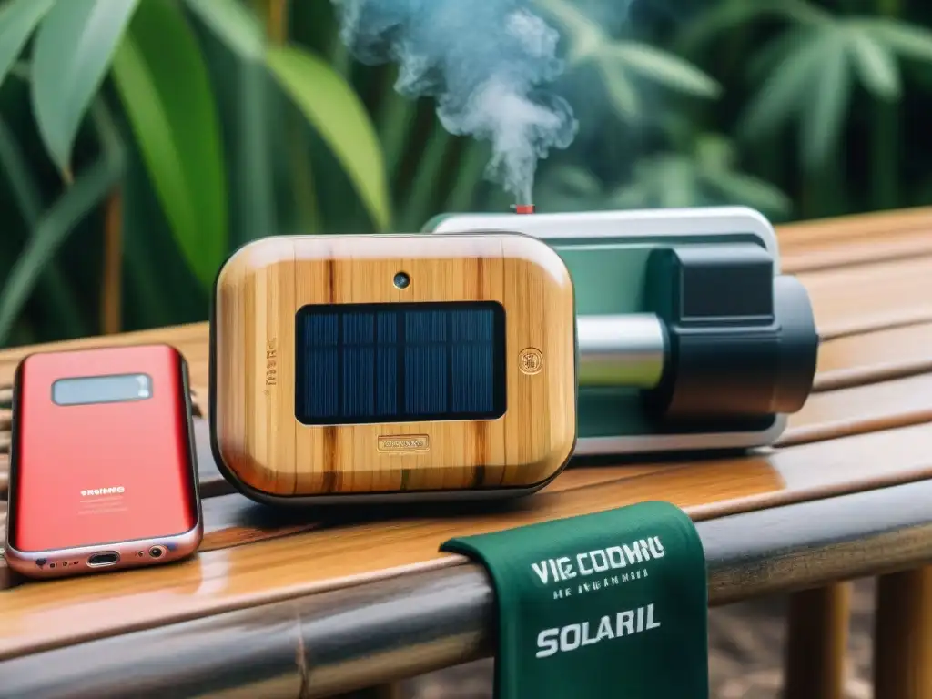 Un viajero en Uruguay cargando sus gadgets ecológicos con energía solar en un banco de bambú rodeado de naturaleza exuberante, promoviendo un viaje sostenible