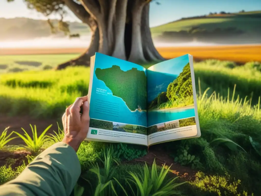 Viajero explorando guías de viaje Uruguay auténticas bajo un árbol en un campo verde exuberante, con mapa vintage