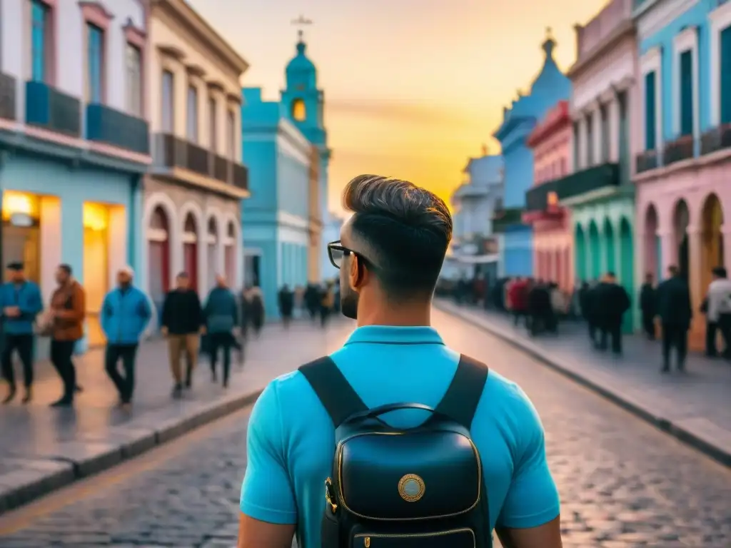 Un viajero en Uruguay usando herramientas digitales para explorar las coloridas calles de Montevideo al atardecer, con locales conversando