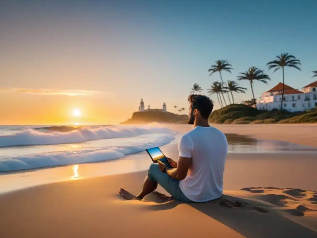 Un viajero ajustando su LED en una playa de Uruguay al atardecer, con los mejores gadgets iluminación videos viaje