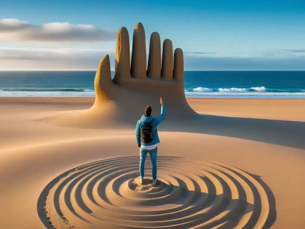 Un viajero maravillado frente a la escultura de mano en la playa Brava de Punta del Este, Uruguay