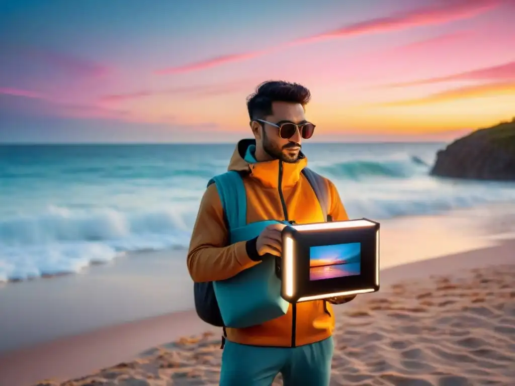 Un viajero ajustando la mejor iluminación para videos de viaje en una playa al atardecer