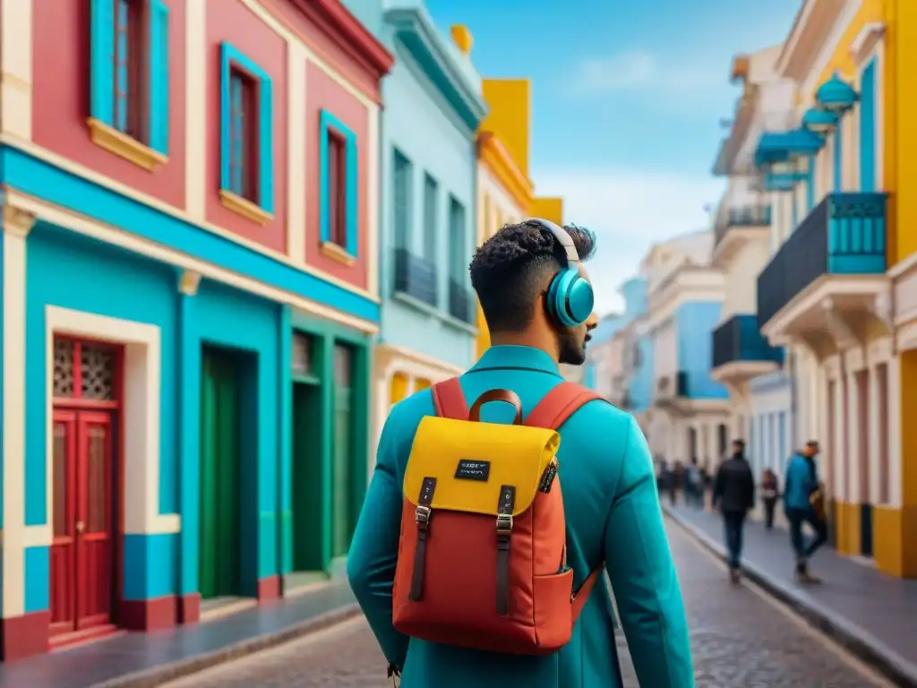 Un viajero con mochila explora las calles vibrantes de Montevideo, Uruguay, con auriculares inalámbricos para Uruguay