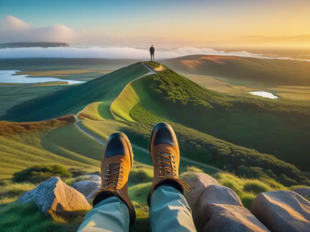 Un viajero contempla el paisaje de Uruguay al atardecer, resaltando la importancia del calzado ideal para explorar Uruguay