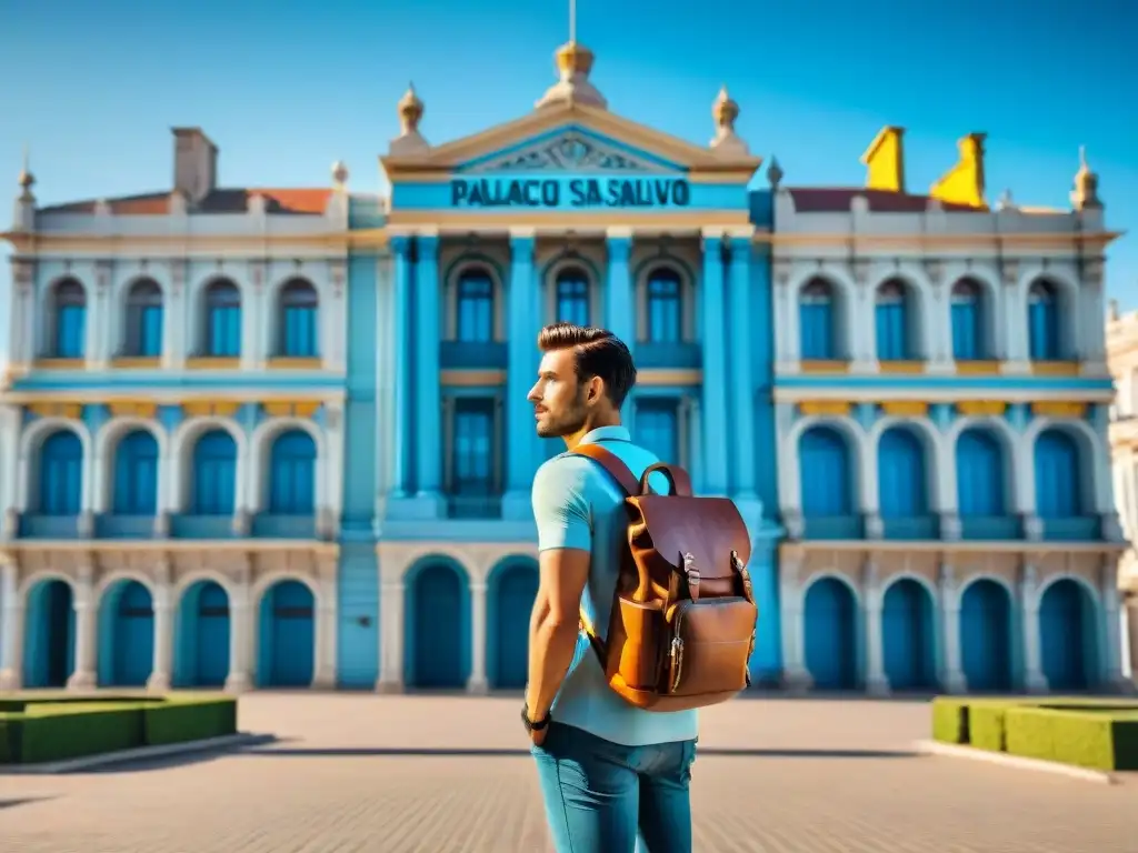 Un viajero admira el Palacio Salvo en Montevideo, Uruguay, con mochila vintage