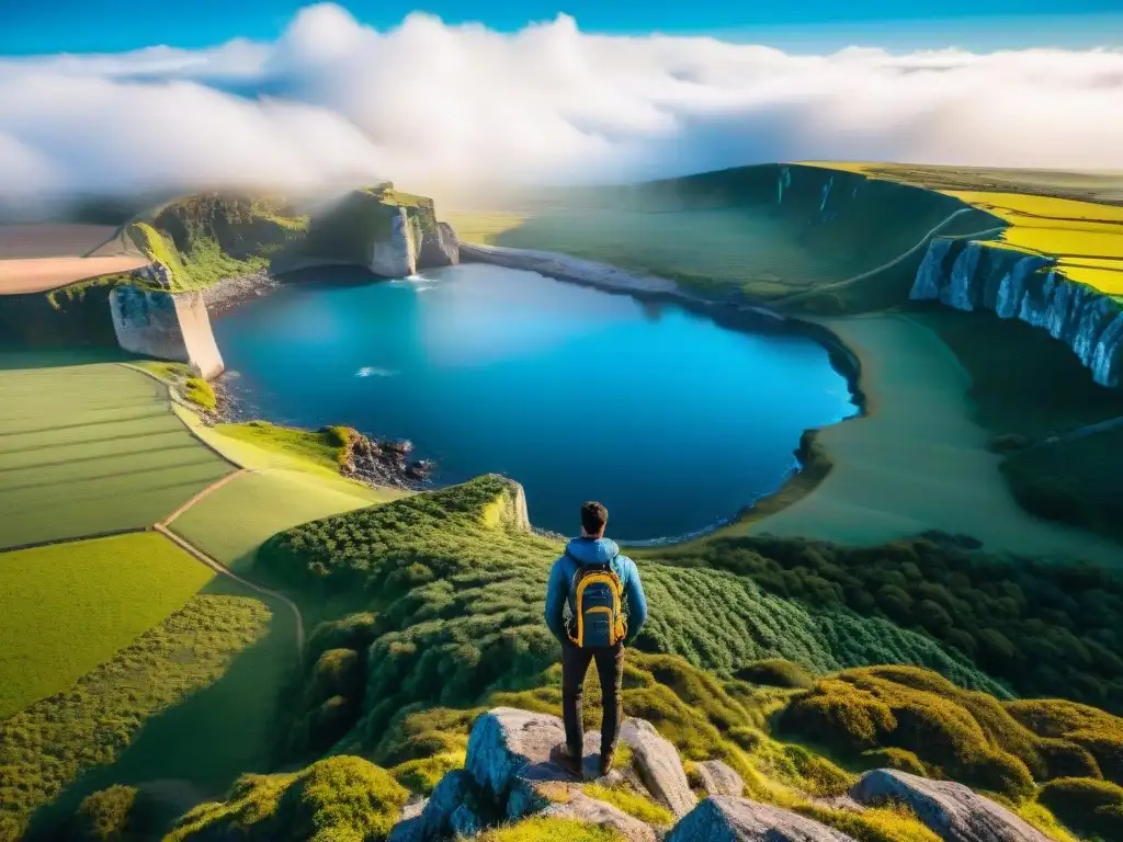 Un viajero de pie en un acantilado de Uruguay, con vistas impresionantes