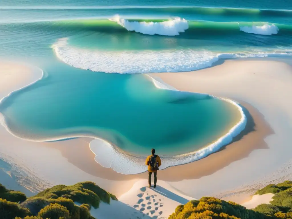 Un viajero en una playa de Uruguay, con aguas turquesas y un mapa en mano