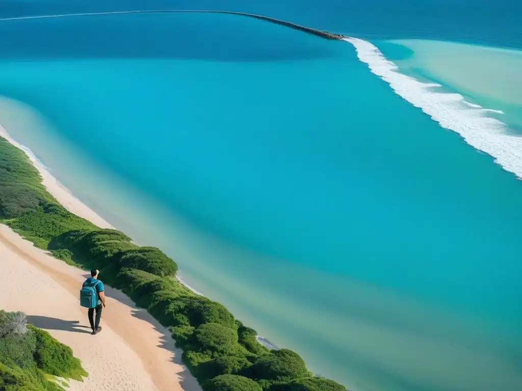 Un viajero en una playa de Uruguay, con un mapa y mochila, listo para explorar