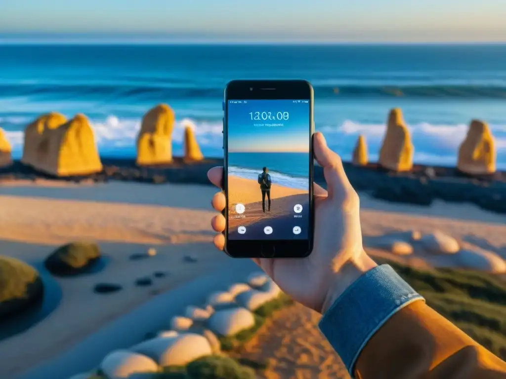 Un viajero en Playa Brava, Punta del Este, chequea apps de actualizaciones en tiempo real en Uruguay