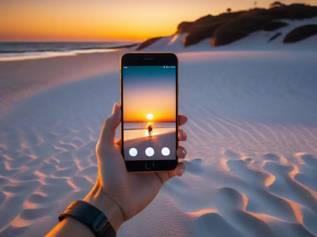 Viajero en la playa de Punta del Este, Uruguay, con un smartphone y atardecer vibrante