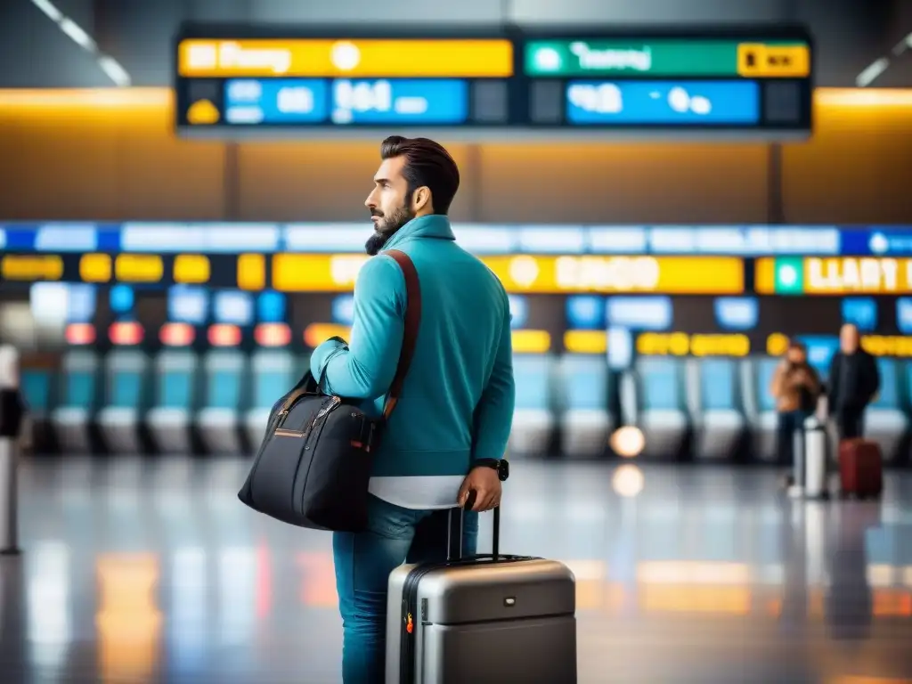 Viajero preocupado en el Aeropuerto Internacional de Montevideo Carrasco, con equipaje sin reclamar