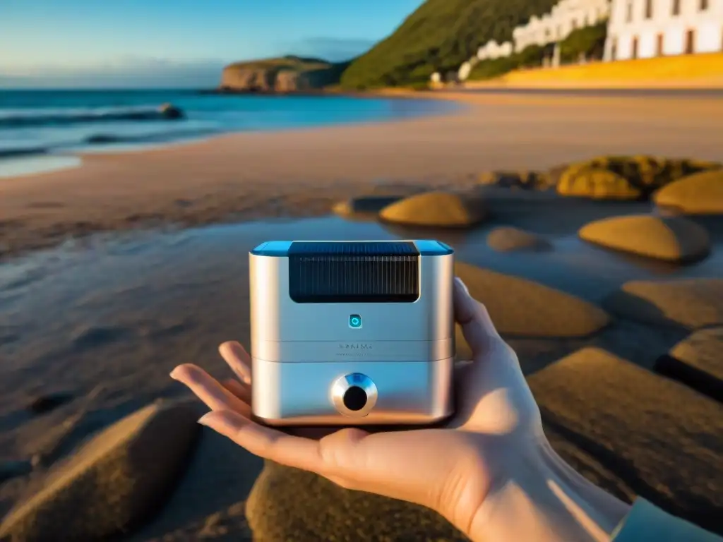 Un viajero sostiene un purificador de agua portátil solar en una playa de Uruguay