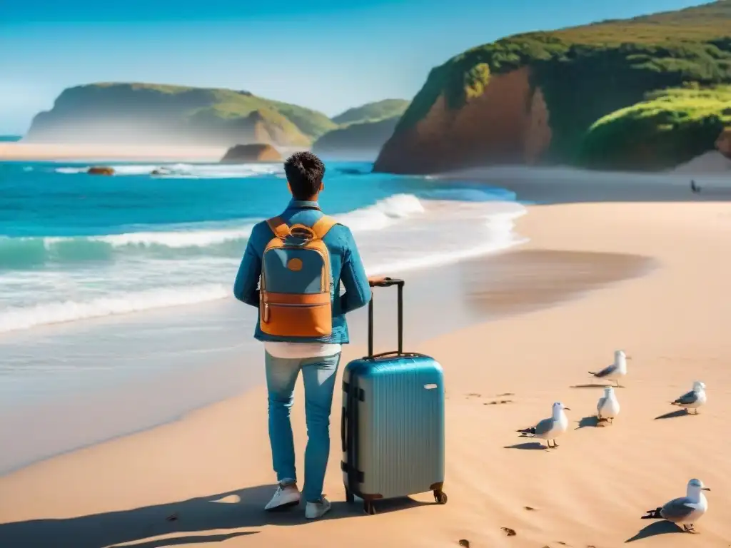 Un viajero reflexivo en una playa uruguaya, junto a su maleta con documentos de seguros de viaje, mirando al horizonte