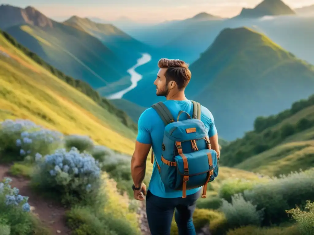 Un viajero con riñonera de aventura explora un sendero de montaña al amanecer, rodeado de naturaleza exuberante y picos imponentes