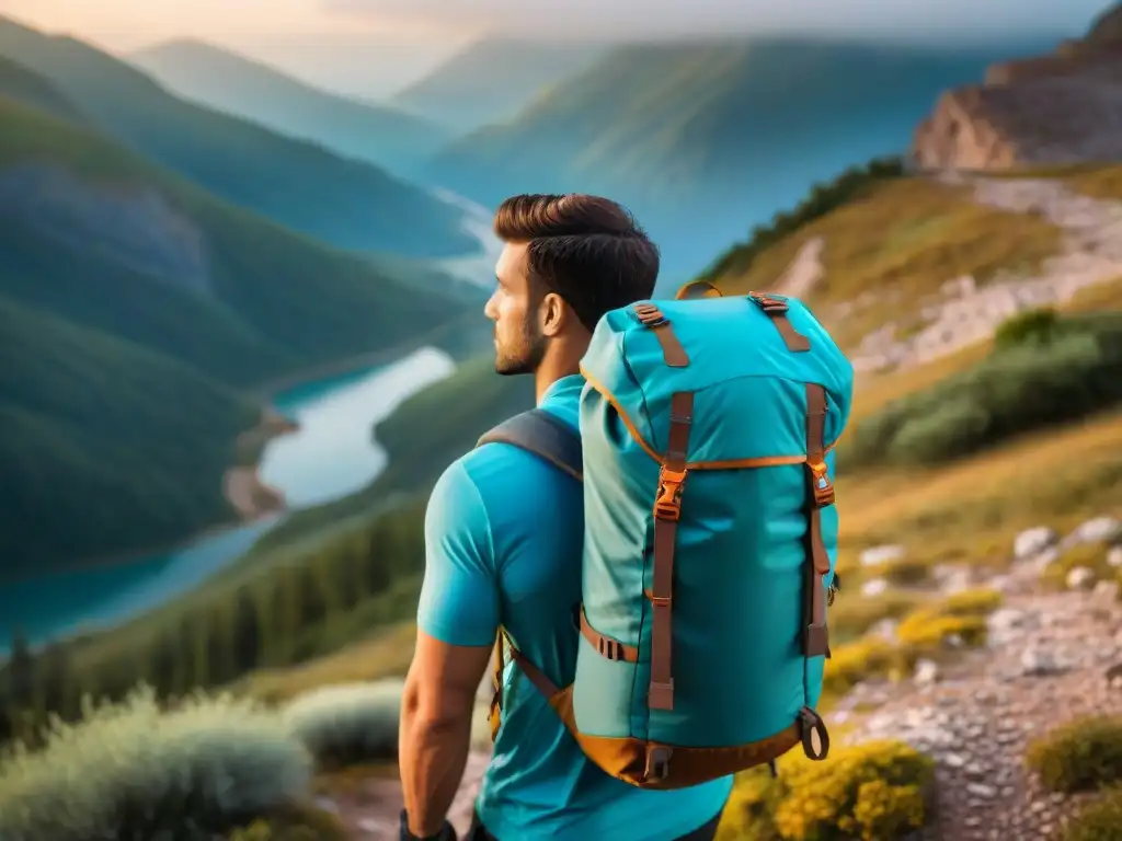 Viajero en sendero montañoso con mochila de agua de alta tecnología