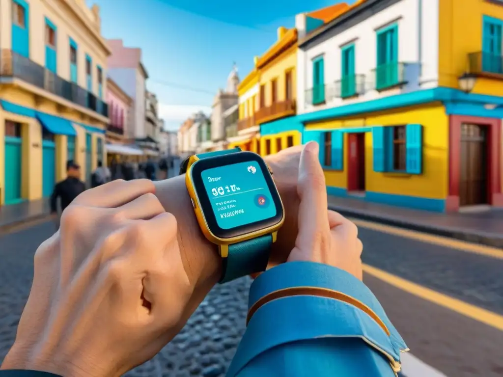 Un viajero con smartwatch explorando Montevideo, Uruguay con Apps imprescindibles smartwatch Uruguay