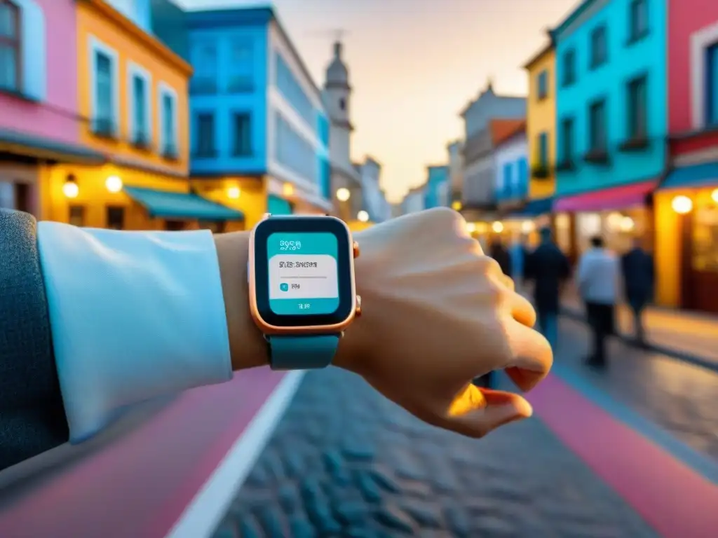 Viajero en Uruguay: tecnología y cultura urbana Viajero en Uruguay con smartwatch, descubre la ciudad mientras fusiona tecnología y cultura local