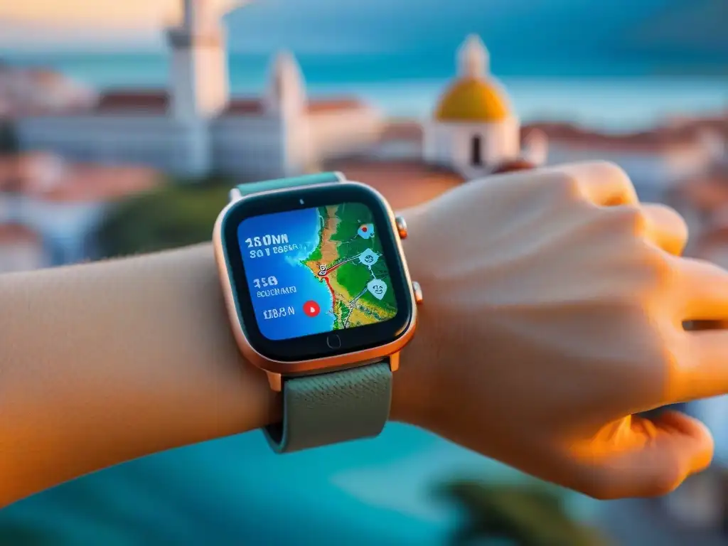 Explorando Uruguay con tecnología inteligente Un viajero usa un smartwatch en Uruguay, mostrando destinos turísticos en un mapa vibrante