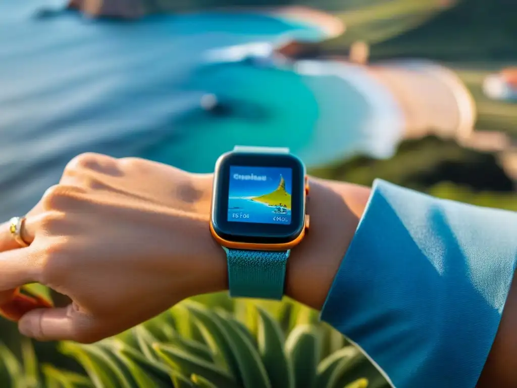 Explora Uruguay con estilo: Smartwatch muestra mapas de Punta del Este Viajero ajustando smartwatch con mapa de Uruguay en la playa de Punta del Este