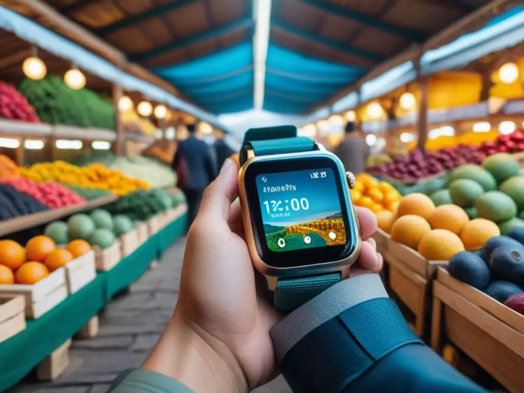 Viajero en Uruguay usando smartwatch en mercado vibrante, consultando mapa de guías personales