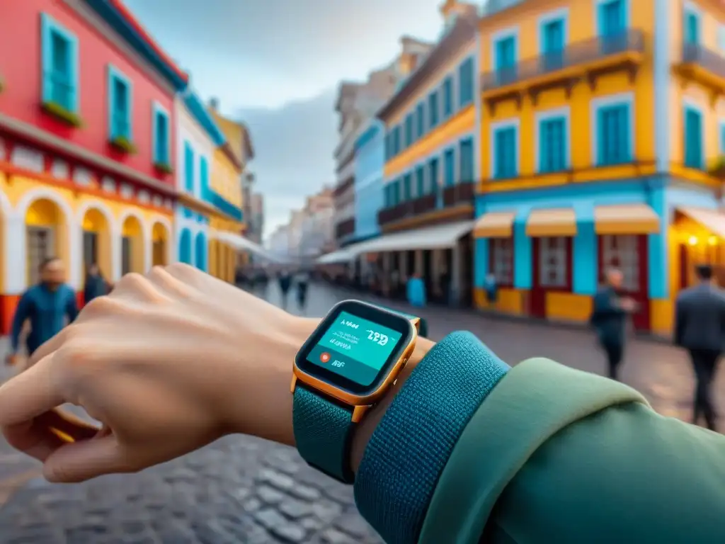 Explorador tecnológico en Montevideo: reloj inteligente y coloridas calles Un viajero con smartwatch explora las vibrantes calles de Montevideo, Uruguay