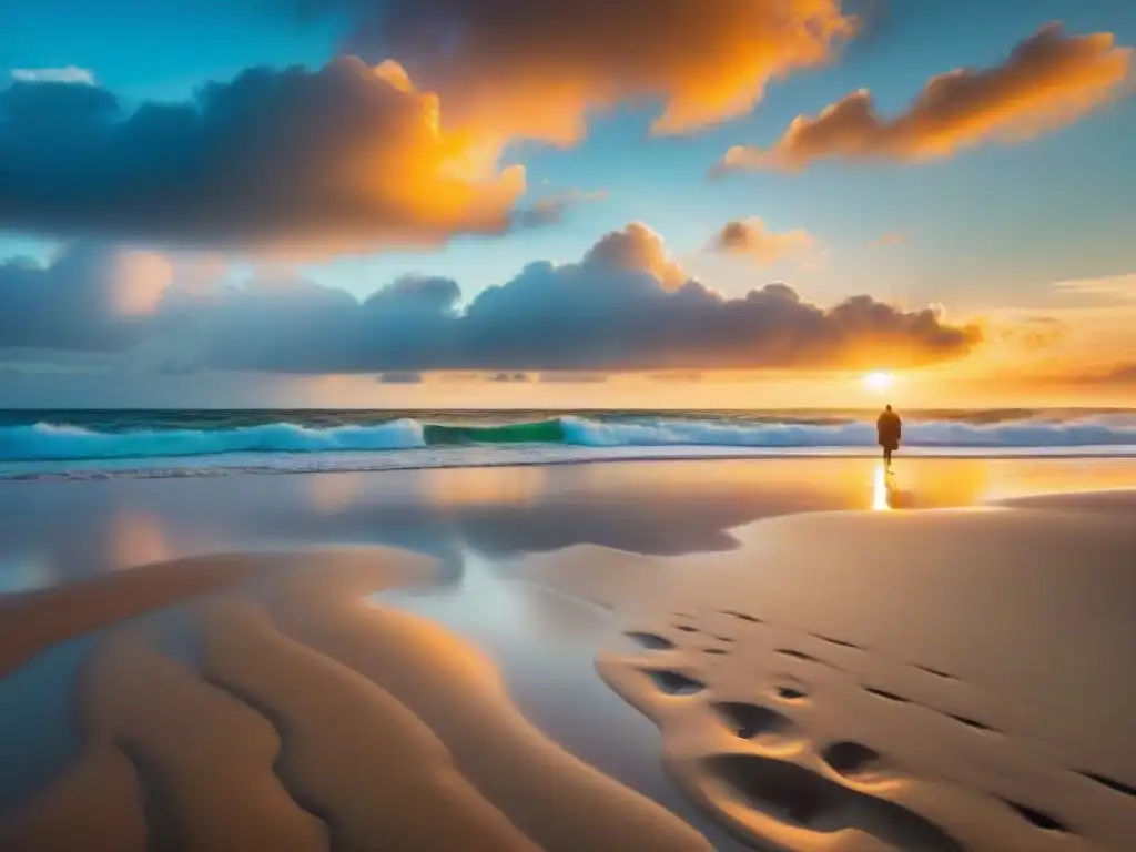 Un viajero solitario contempla el atardecer dorado en una playa serena, destacando los mejores gadgets iluminación videos viaje