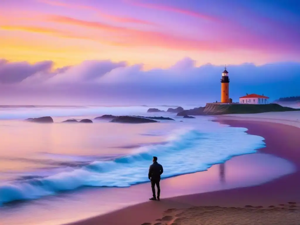 Un viajero solitario contempla el atardecer en Punta del Este, Uruguay