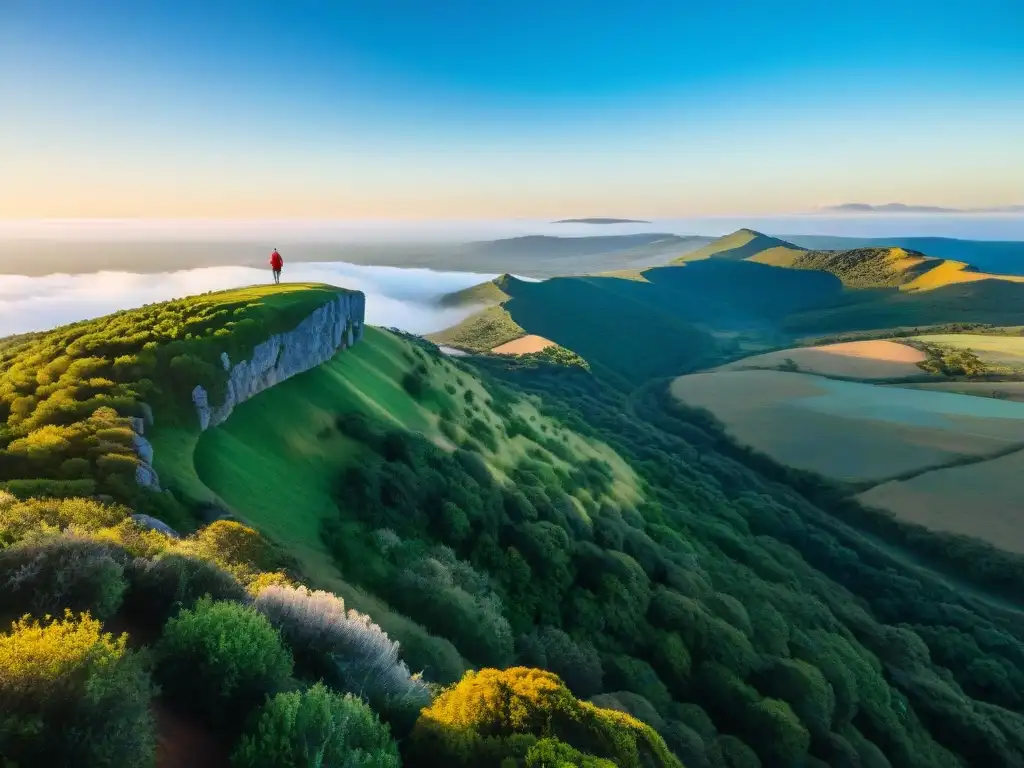 Un viajero solitario contempla la belleza de un valle verde en Uruguay al atardecer