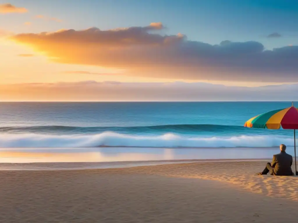 Un viajero solitario contempla un sereno atardecer en la icónica playa de Punta del Este, Uruguay, con sombrillas coloridas y gaviotas en vuelo