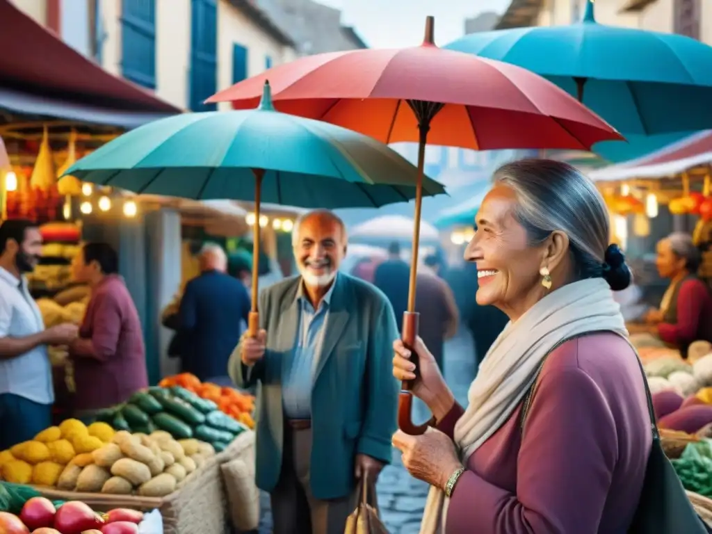 Un viajero conversa con un vendedor local en un bullicioso mercado uruguayo, destacando la comunicación facilitada por gadgets de traducción