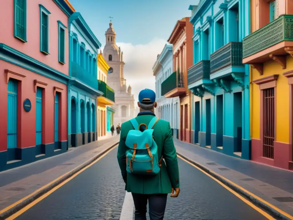 Un viajero descubriendo las vibrantes calles de Montevideo, Uruguay, con edificios coloniales coloridos y mercados bulliciosos