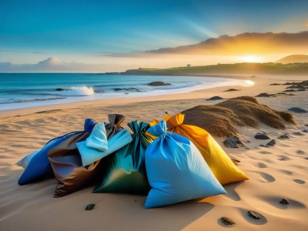 Viajeros comprometidos realizando limpieza de playa al atardecer en Uruguay, promoviendo el turismo sostenible en Uruguay