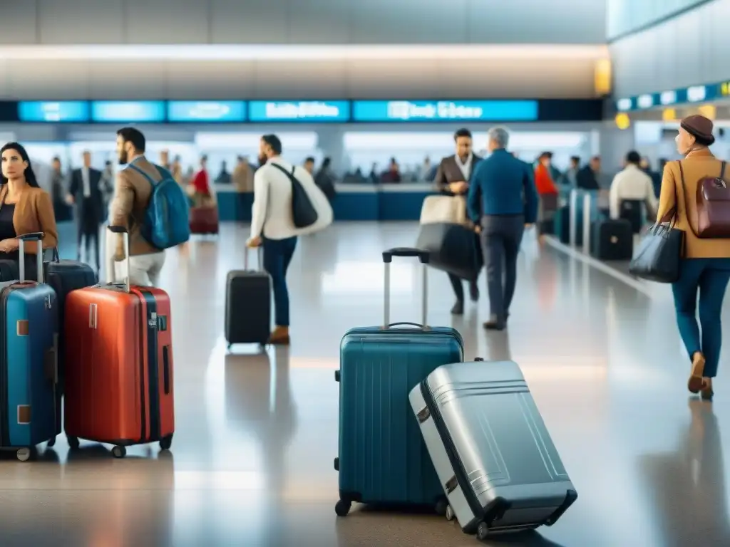 Viajeros esperando equipaje en aeropuerto de Uruguay, escena de caos y ansiedad