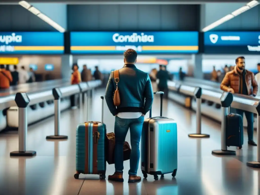 Viajeros esperando equipaje en aeropuerto de Uruguay, resaltando la importancia de los seguros de viaje en Uruguay