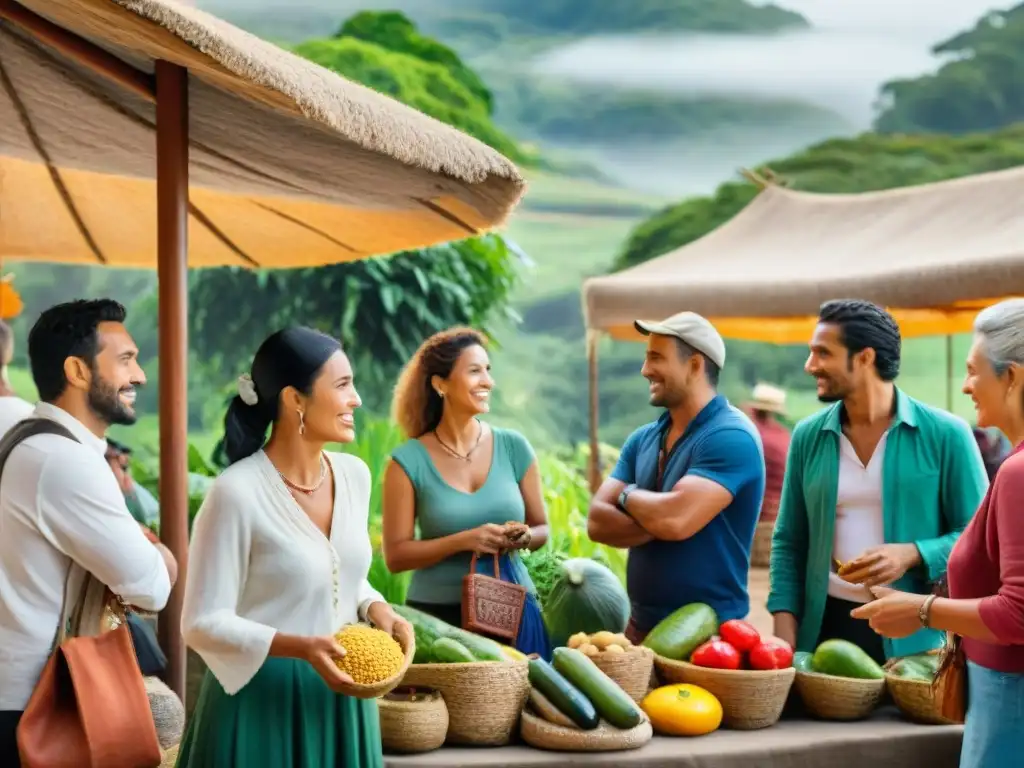 Viajeros disfrutan de una experiencia cultural en Uruguay rodeados de naturaleza y colores vibrantes en un mercado al aire libre