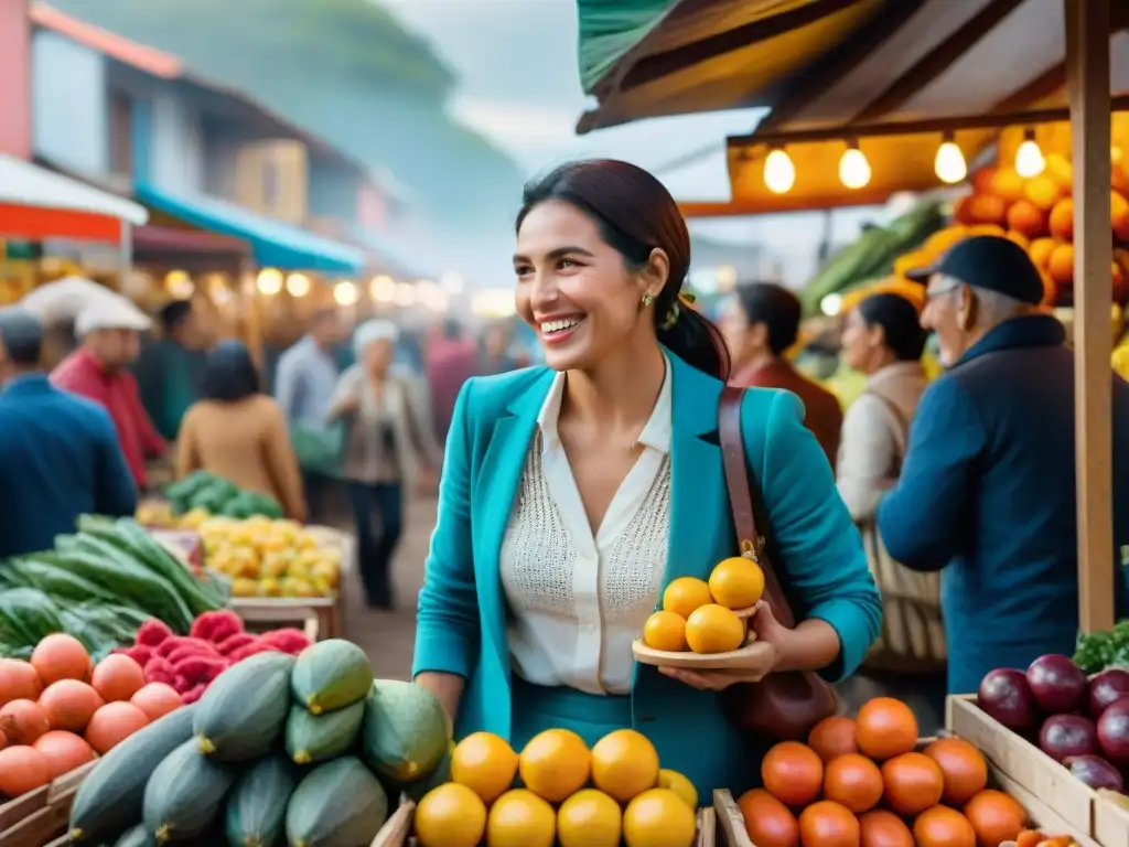 Viajeros disfrutando de experiencias auténticas en Uruguay en un mercado vibrante, rodeados de frutas, verduras y artesanías coloridas