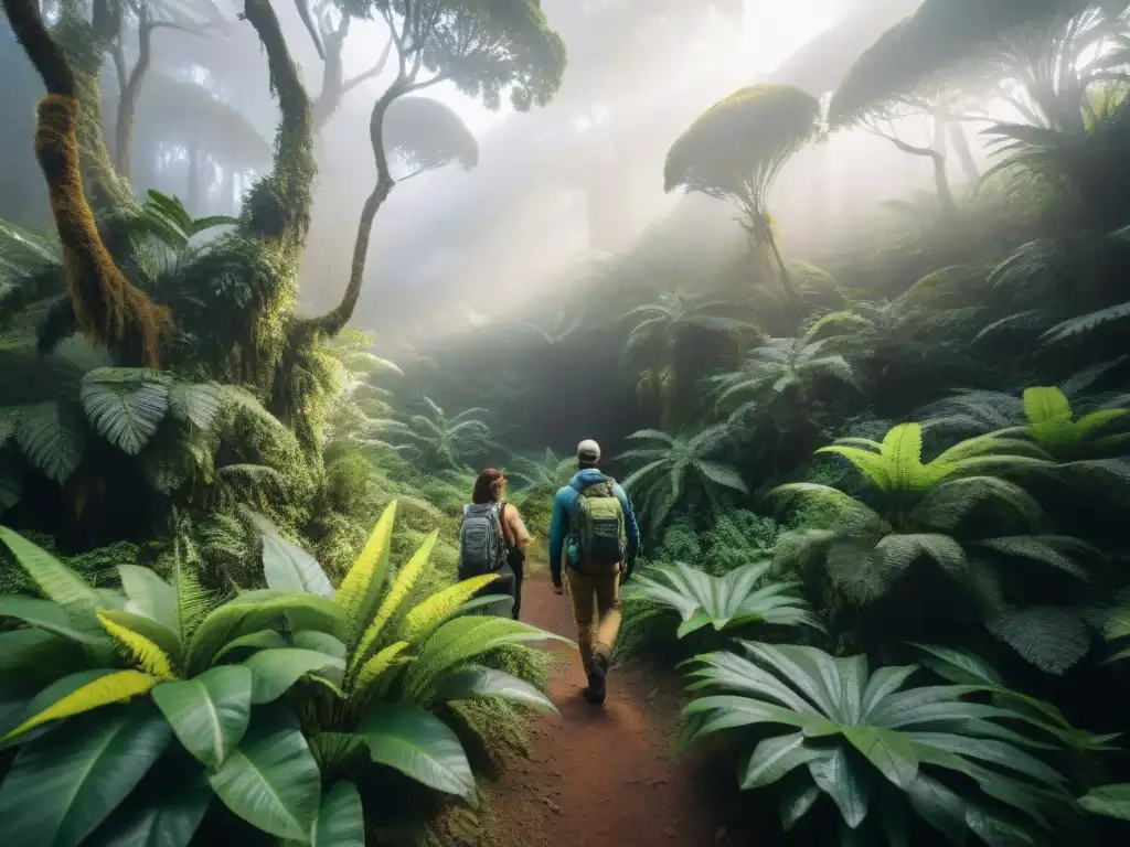 Viajeros explorando la exuberante selva de Uruguay con equipo sostenible