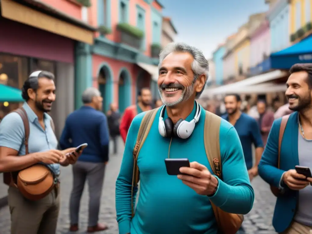 Viajeros en Uruguay usando gadgets de traducción en un mercado colorido