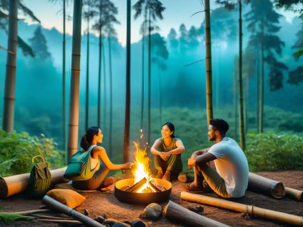 Viajeros responsables disfrutan de productos ecológicos alrededor de fogata en bosque