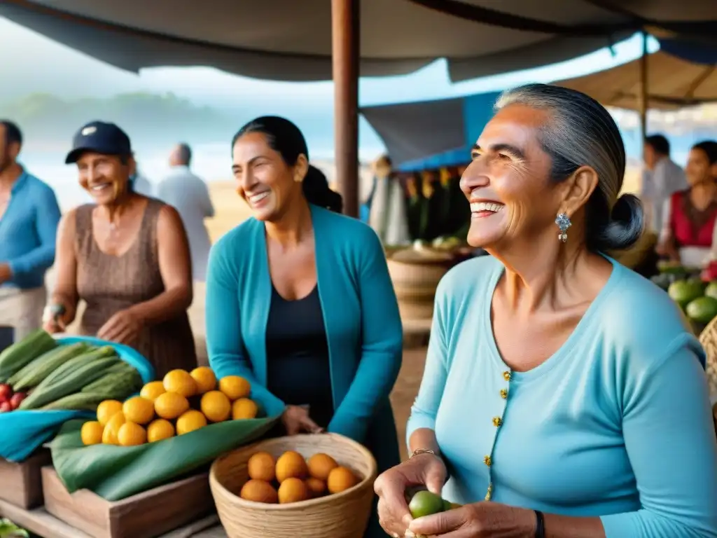 Viajeros disfrutan del turismo comunitario en Uruguay, interactuando en un animado mercado local al atardecer