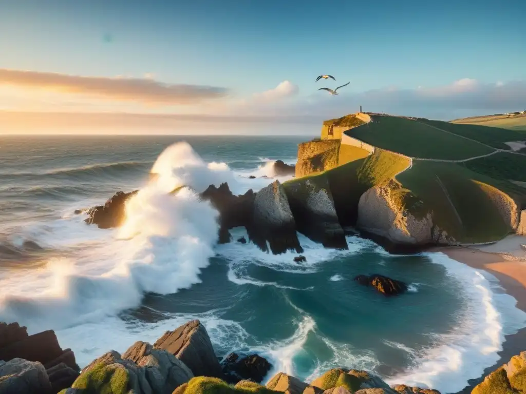 Costa uruguaya al atardecer: paisaje sereno y poderoso Fotografía de viajes en Uruguay: Acantilados al atardecer, olas chocando y gaviotas volando