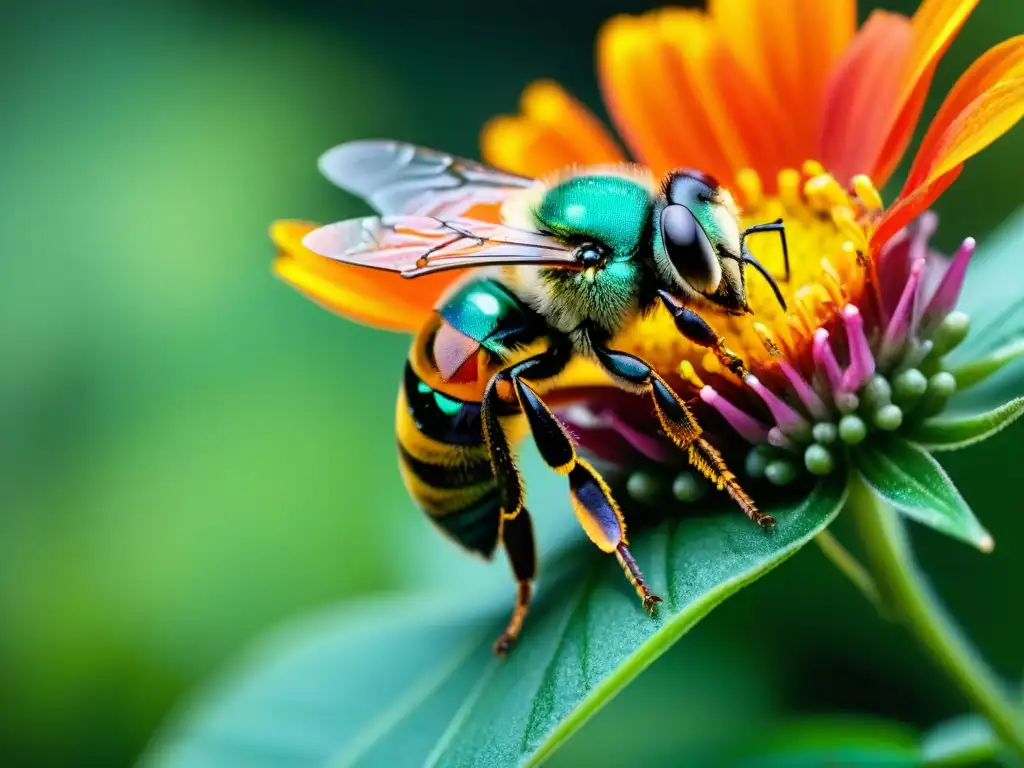 Vibrante abeja verde polinizando flor naranja en bosque uruguayo