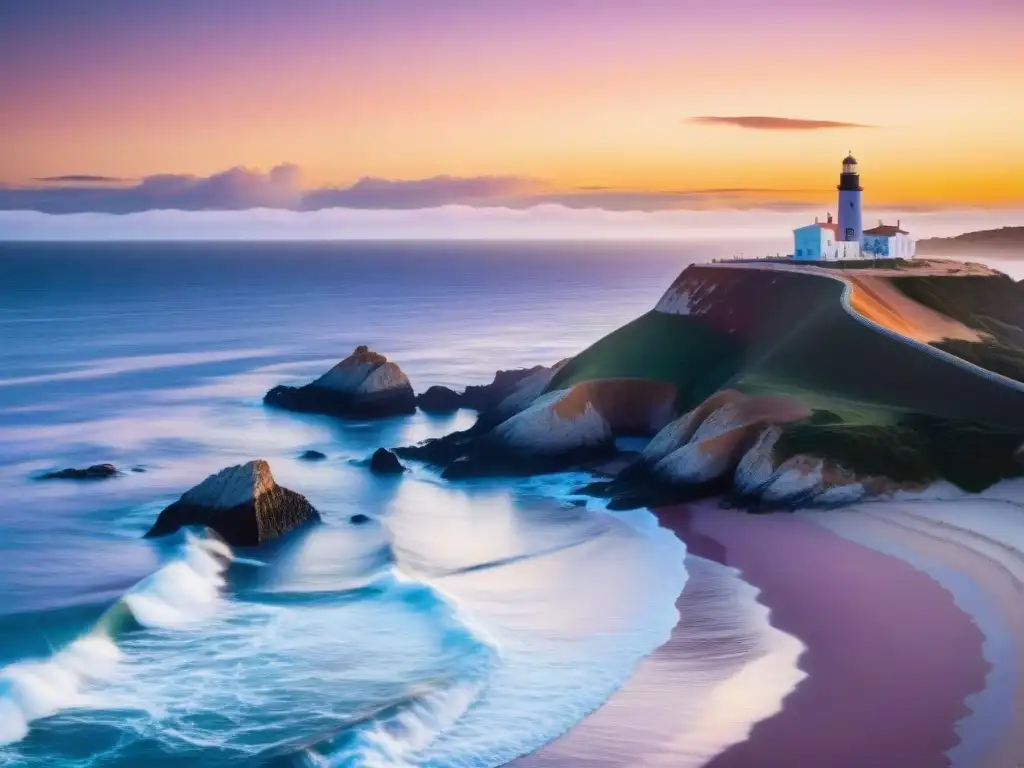 Preparación viaje aventura Uruguay: Atardecer vibrante sobre acantilados de Punta del Este, con el icónico faro y veleros en el horizonte