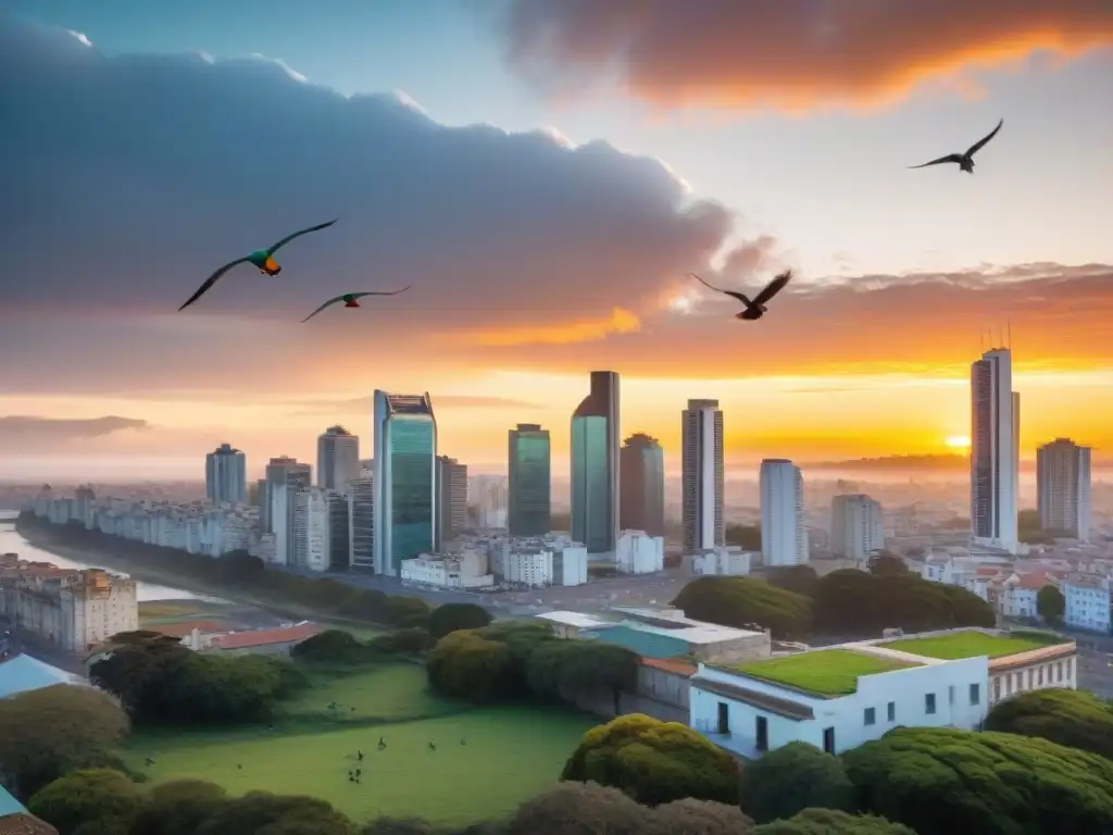 Vibrante amanecer urbano en Uruguay con aves nativas y convivencia armoniosa