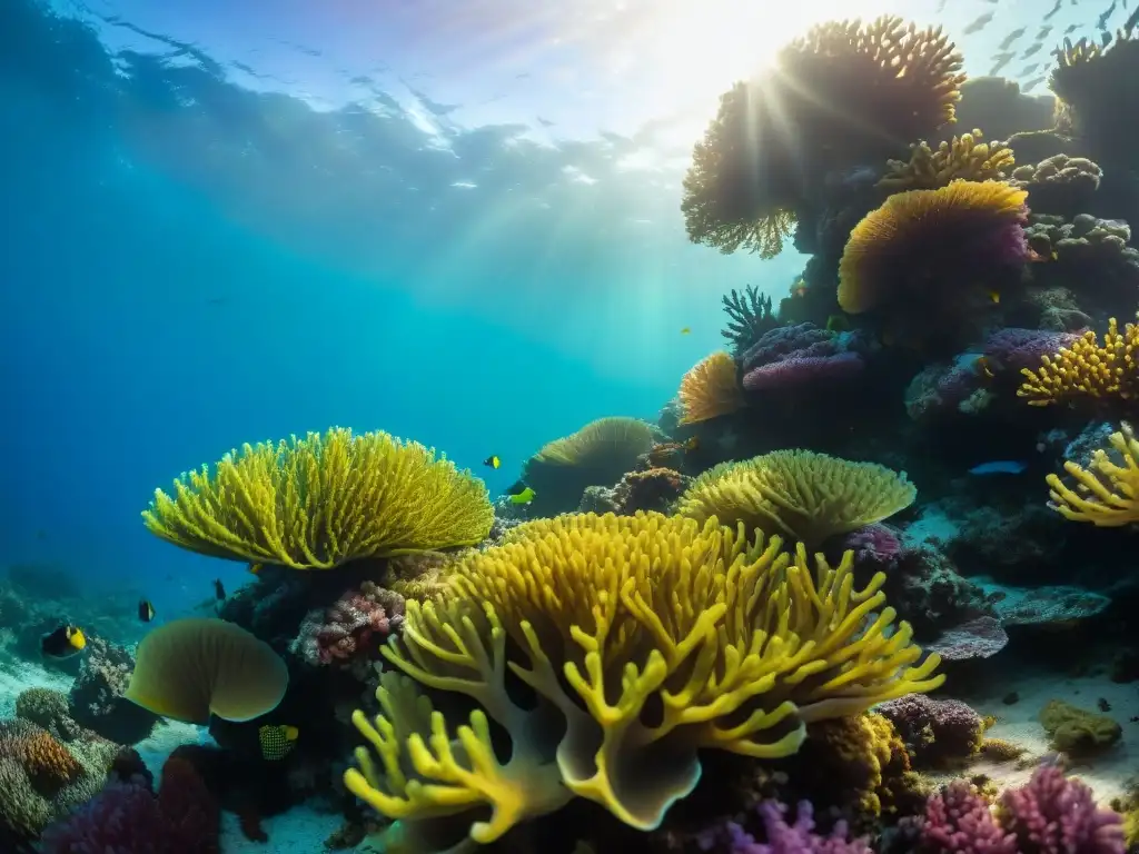 Un vibrante arrecife de coral lleno de vida marina, capturado con cámaras acuáticas para exploración subacuática