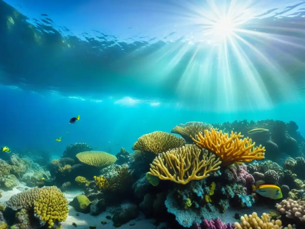 Un vibrante arrecife de coral en Uruguay, iluminado por el sol, rebosante de vida marina