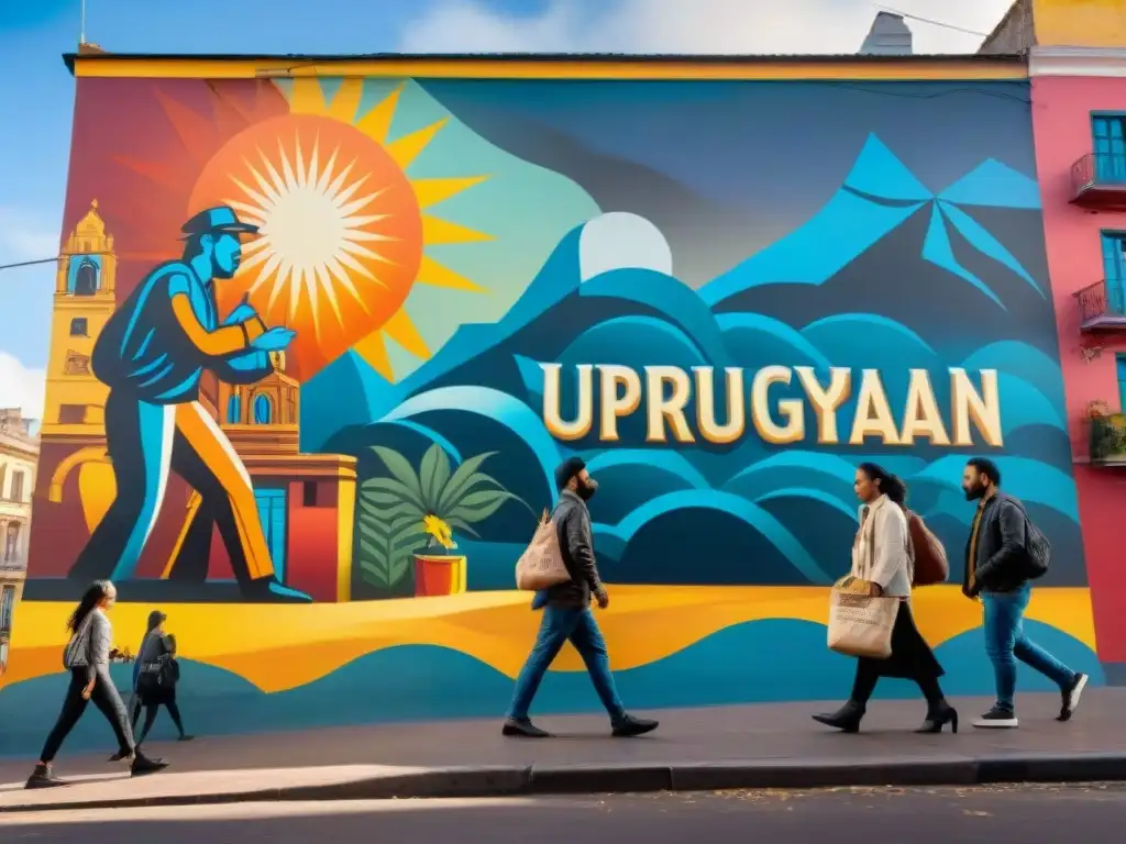 Fotografía del vibrante arte urbano de Uruguay, escena histórica detallada y colorida en la bulliciosa ciudad