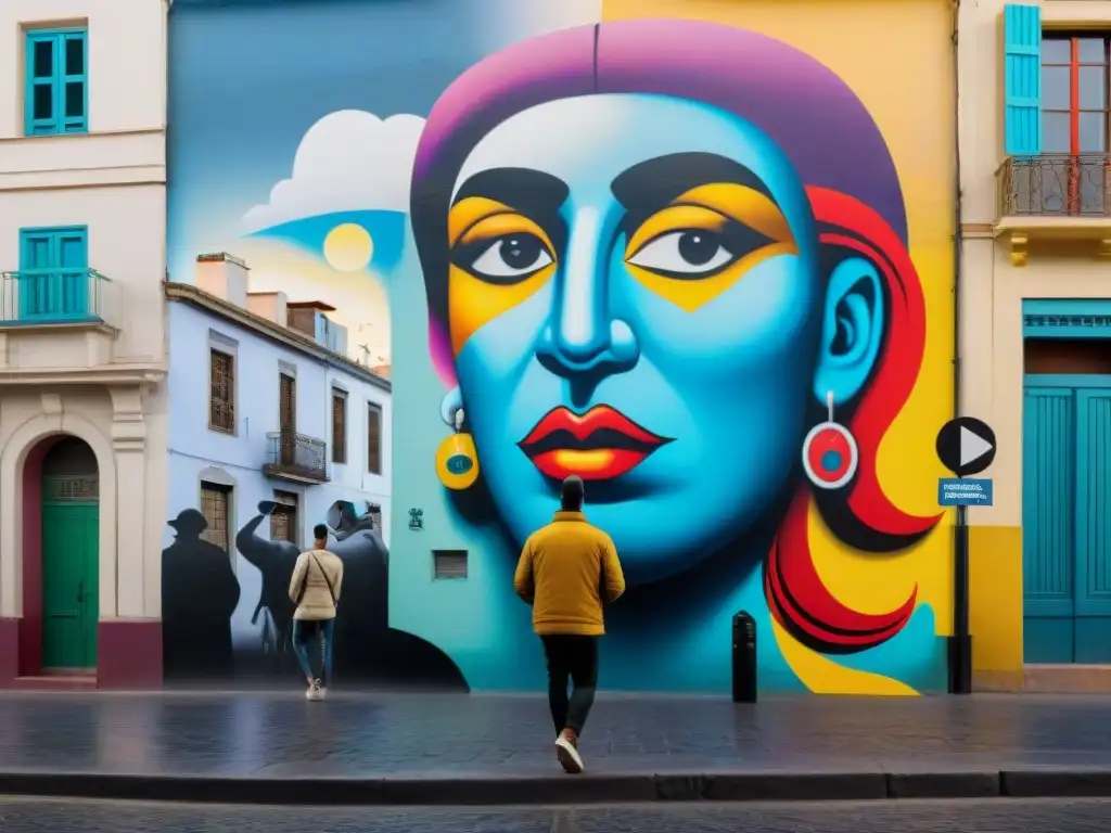 Vibrante fotografía de arte urbano en Montevideo, Uruguay, con murales coloridos y músico callejero