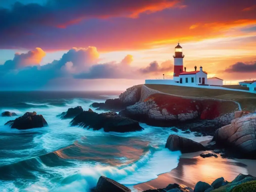 Vibrante atardecer en Cabo Polonio: faro icónico, gaviotas y oleaje