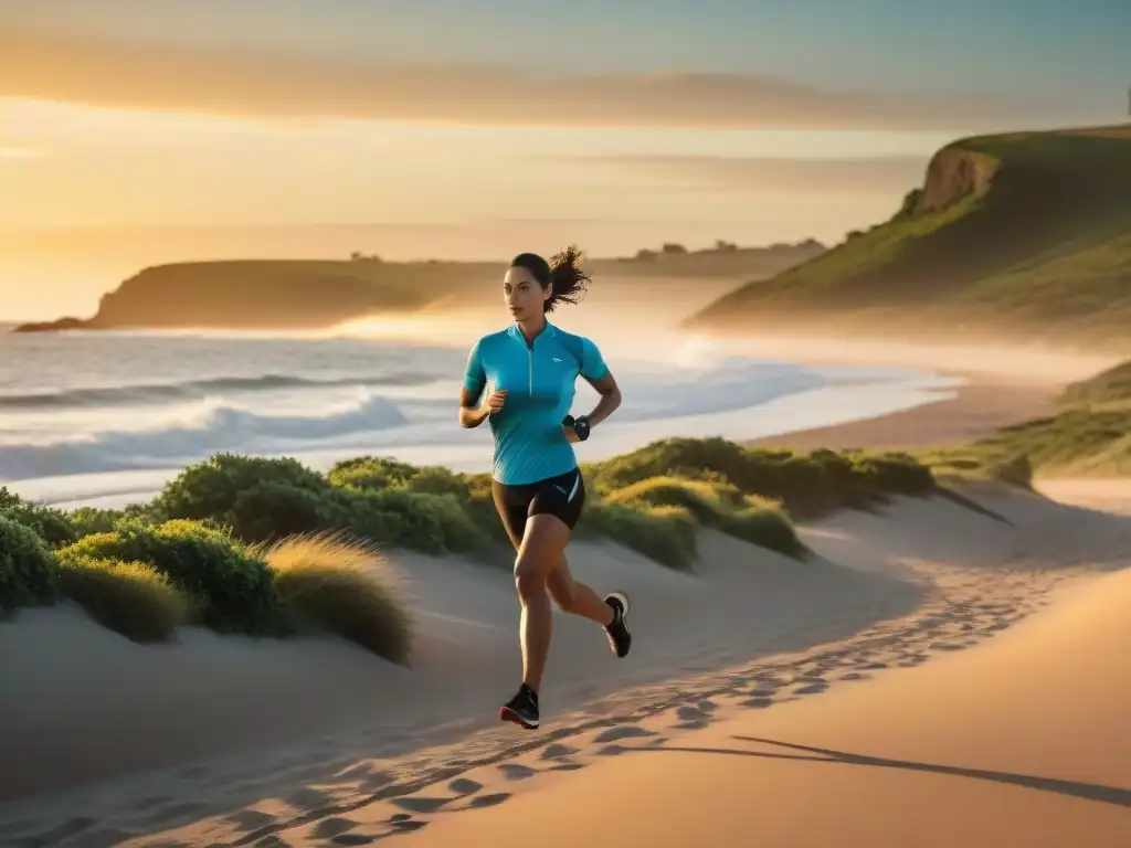 Runner en vibrante atardecer costero de Uruguay, reflejando libertad y conexión con la naturaleza